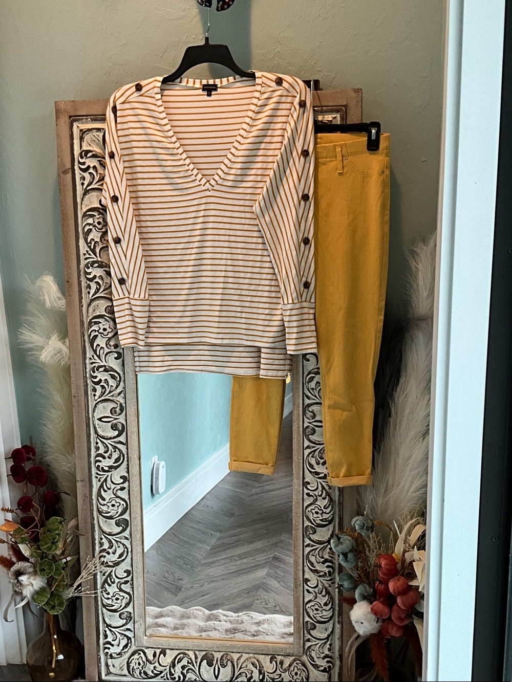 Striped V-Neck Button-Sleeve Top in Cream and Tan